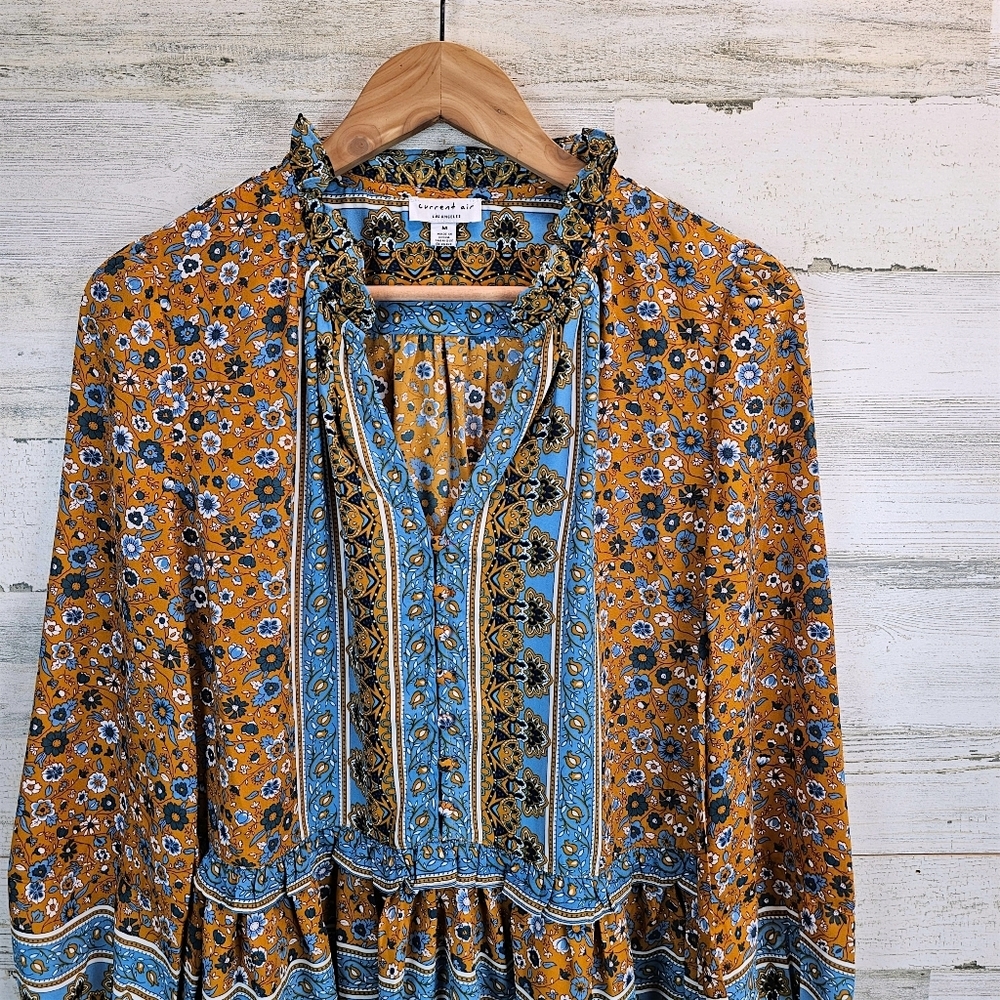 Current Air Boho Folk Floral Ruffle Neck Peasant Blouse Medium Tiered Hem - Picture 7 of 15
